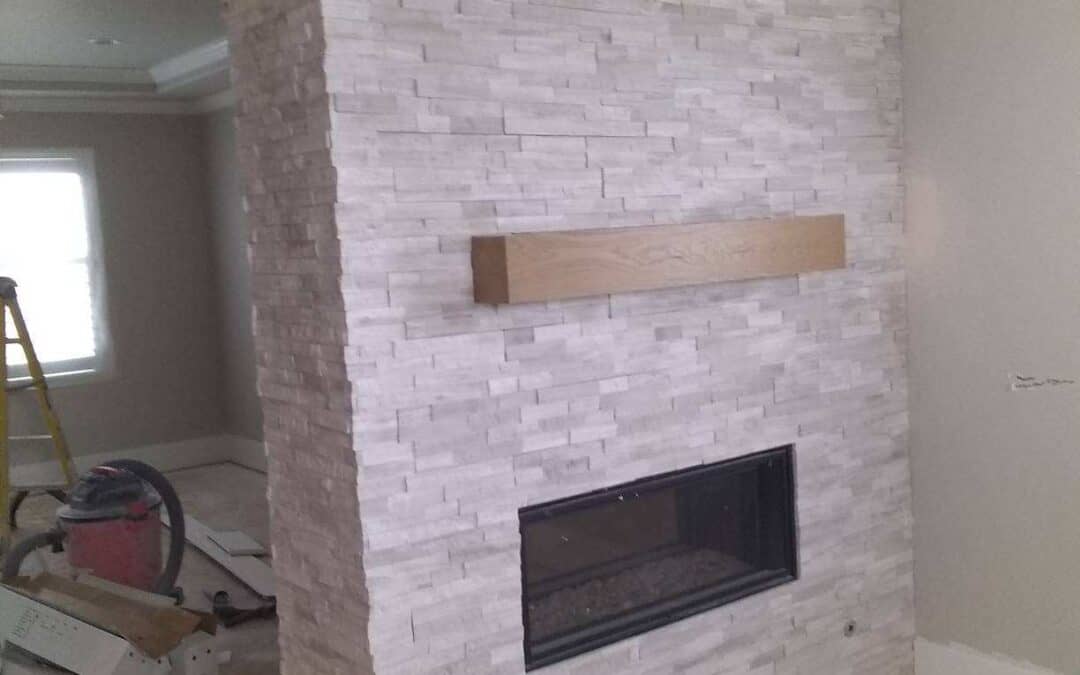 stacked stone fireplace