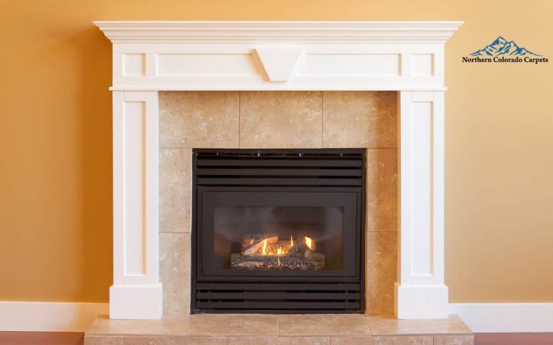 An image of a fireplace with tile flooring and details around it.